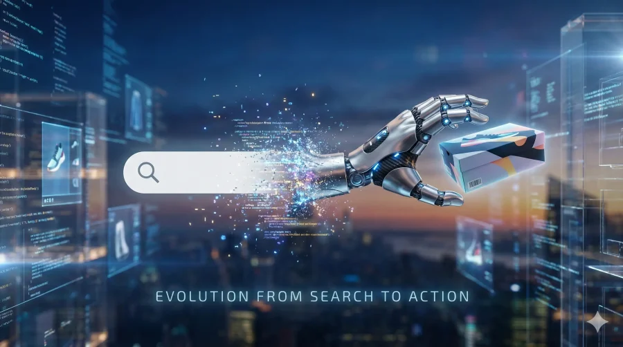 Robotic hand reaching out of a digital search bar to pick up a product box, representing the shift to AI-powered actions.