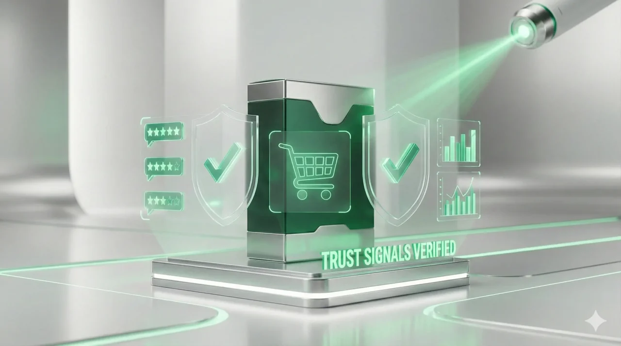 A premium product package on a digital pedestal surrounded by glowing holographic trust signals and 5-star review badges, being analyzed by an AI scanner to illustrate structured value in Agentic Commerce.